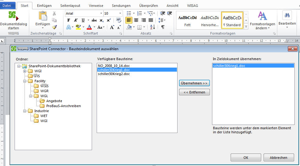 Auswahldialog für Bausteine in den SharePoint-Bibliotheken